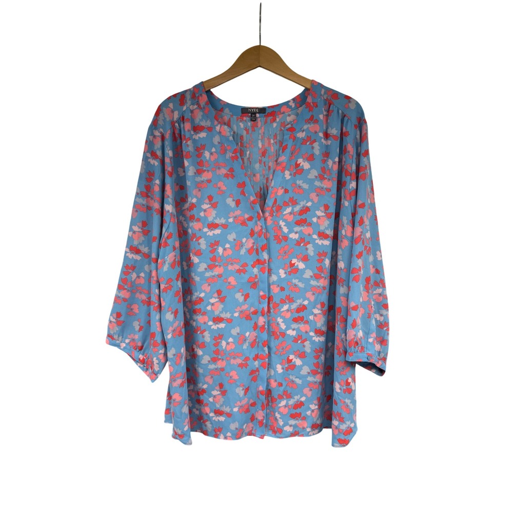 NYDJ Blue Floral Pintuck Split V-Neck Blouse 3/4 Sleeve Plus office Size 2X